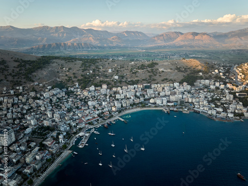 Aerial panorama of Sarande (aka Saranda), Albania. Photo taken with drone at sunset