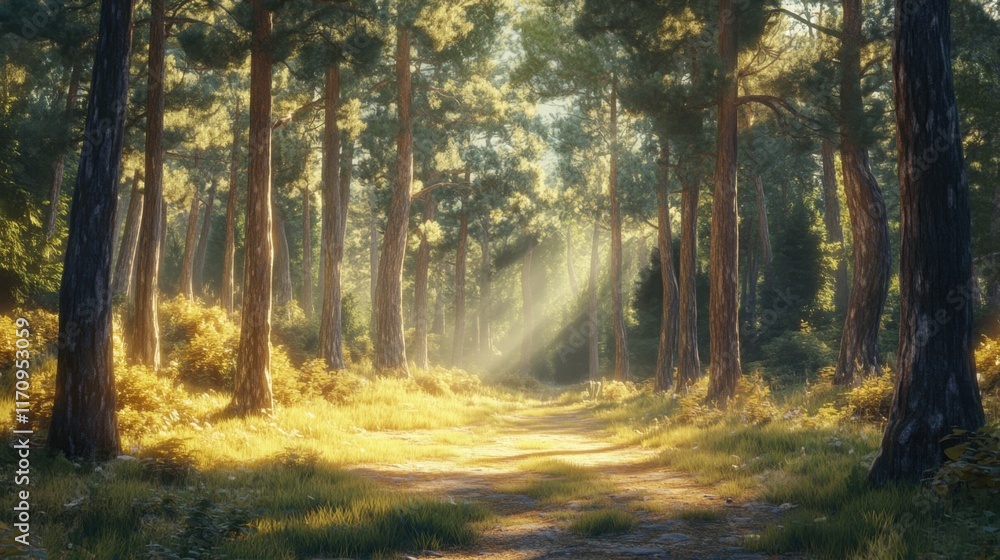 Obraz premium Enchanted Forest Pathway with Sunlight Filtering Through Trees