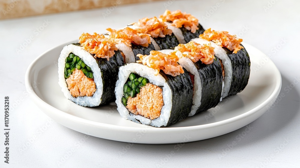 Sushi rolls with crispy topping on a white plate. Sushi rolls with crispy topping on a white plate.
