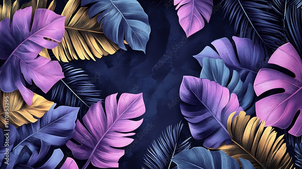 Luxurious tropical seamless pattern with hand-drawn pastel banana leaves and palm fronds on a dark, dramatic background. Luxurious tropical seamless pattern with hand-drawn pastel banana leaves and palm fronds on a dark, dramatic background.