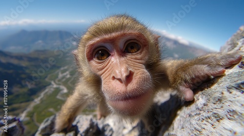 A monkey sitting on top of a rock looking at the camera