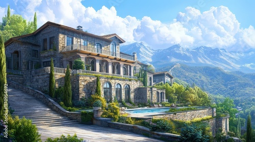 Mountainside Stone Mansion with Pool and Scenic Views