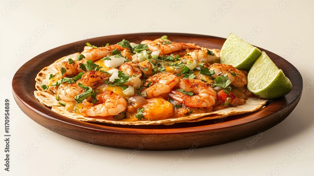 A golden-brown shrimp quesadilla on a rustic wooden plate, isolated on a clean beige background with a lime wedge on the side A golden-brown shrimp quesadilla on a rustic wooden plate, isolated on a clean beige background with a lime wedge on the side