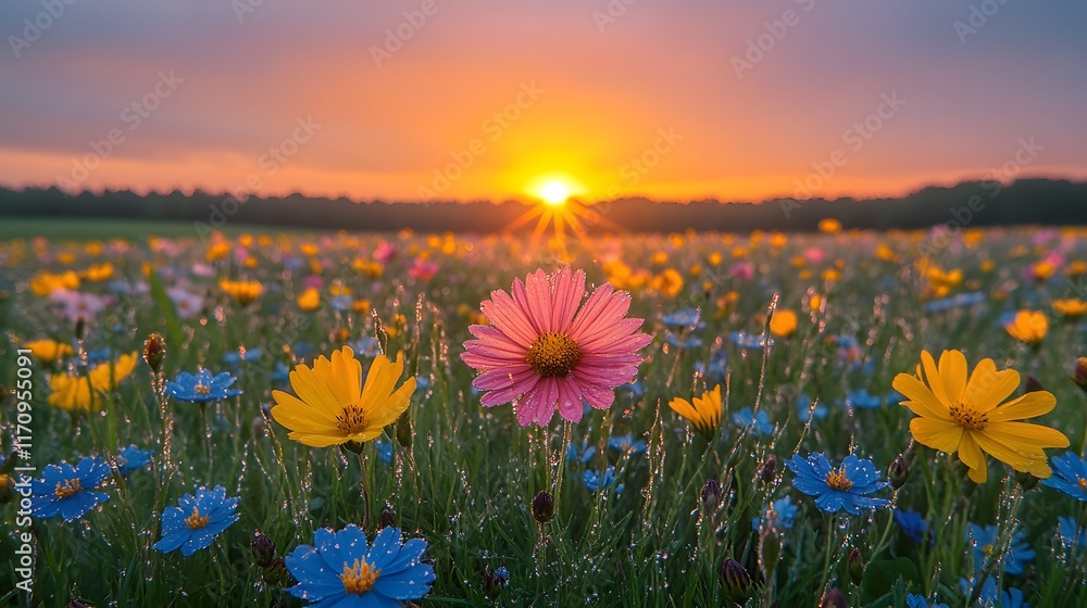 Fototapeta premium A sunrise over a dewy spring meadow with vibrant wildflowers