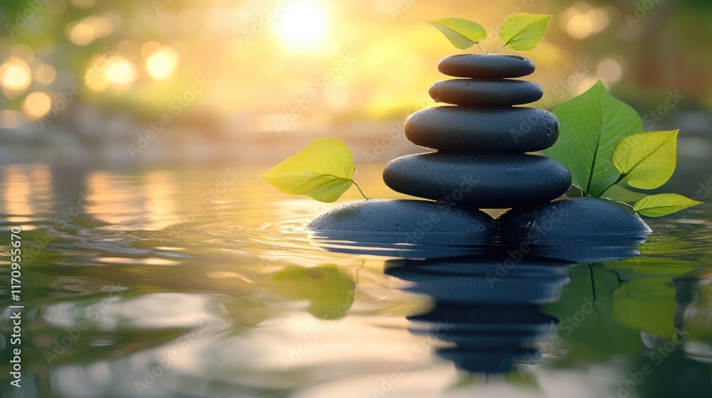 Zen-stone balance in tranquil water with leafy accents at sunrise Zen-stone balance in tranquil water with leafy accents at sunrise