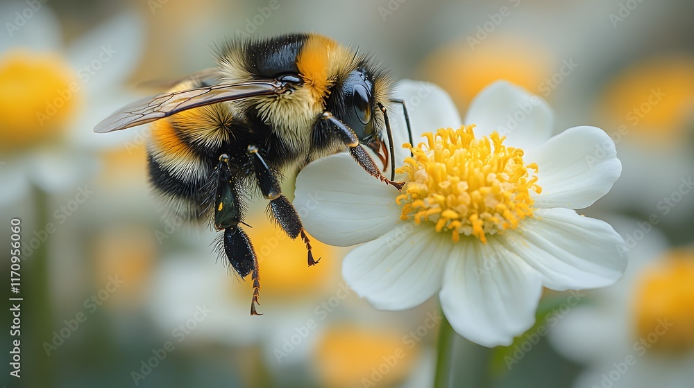 A bee pollinating a bright spring bloom in a lush garden A bee pollinating a bright spring bloom in a lush garden