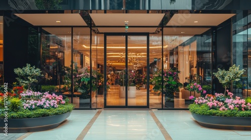 Modern storefront entrance with large glass doors, potted plants, and flowers.