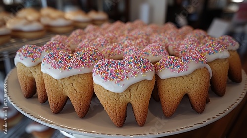 Tooth-shaped cookies with sprinkles on a plate in a bakery setting photo