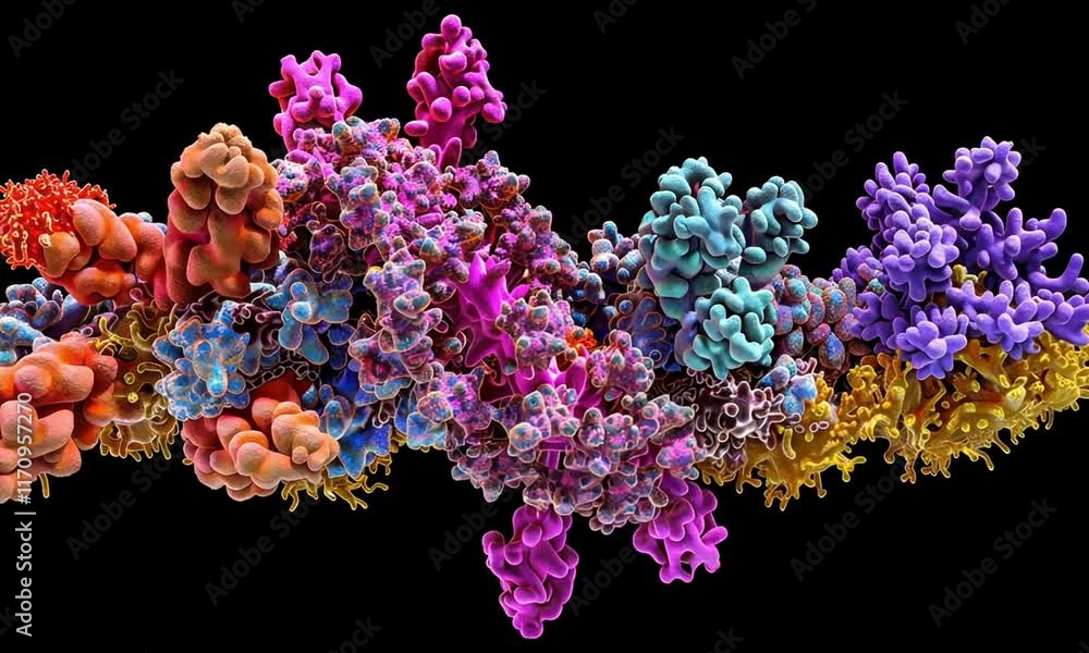  Vibrant 3D enzyme and protein interaction, glowing molecules, digital space.