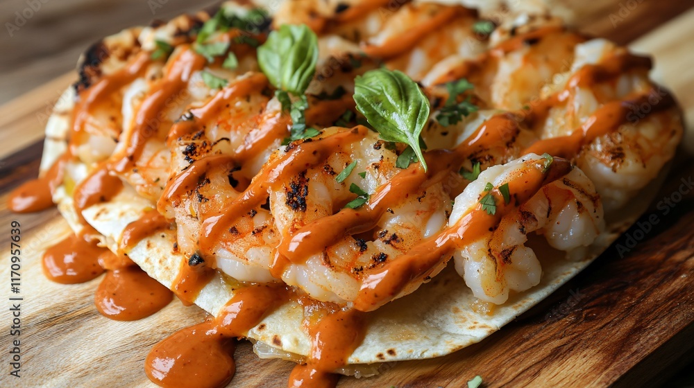 A shrimp quesadilla with a crispy exterior, isolated on a wooden platter with a drizzle of spicy chipotle sauce A shrimp quesadilla with a crispy exterior, isolated on a wooden platter with a drizzle of spicy chipotle sauce