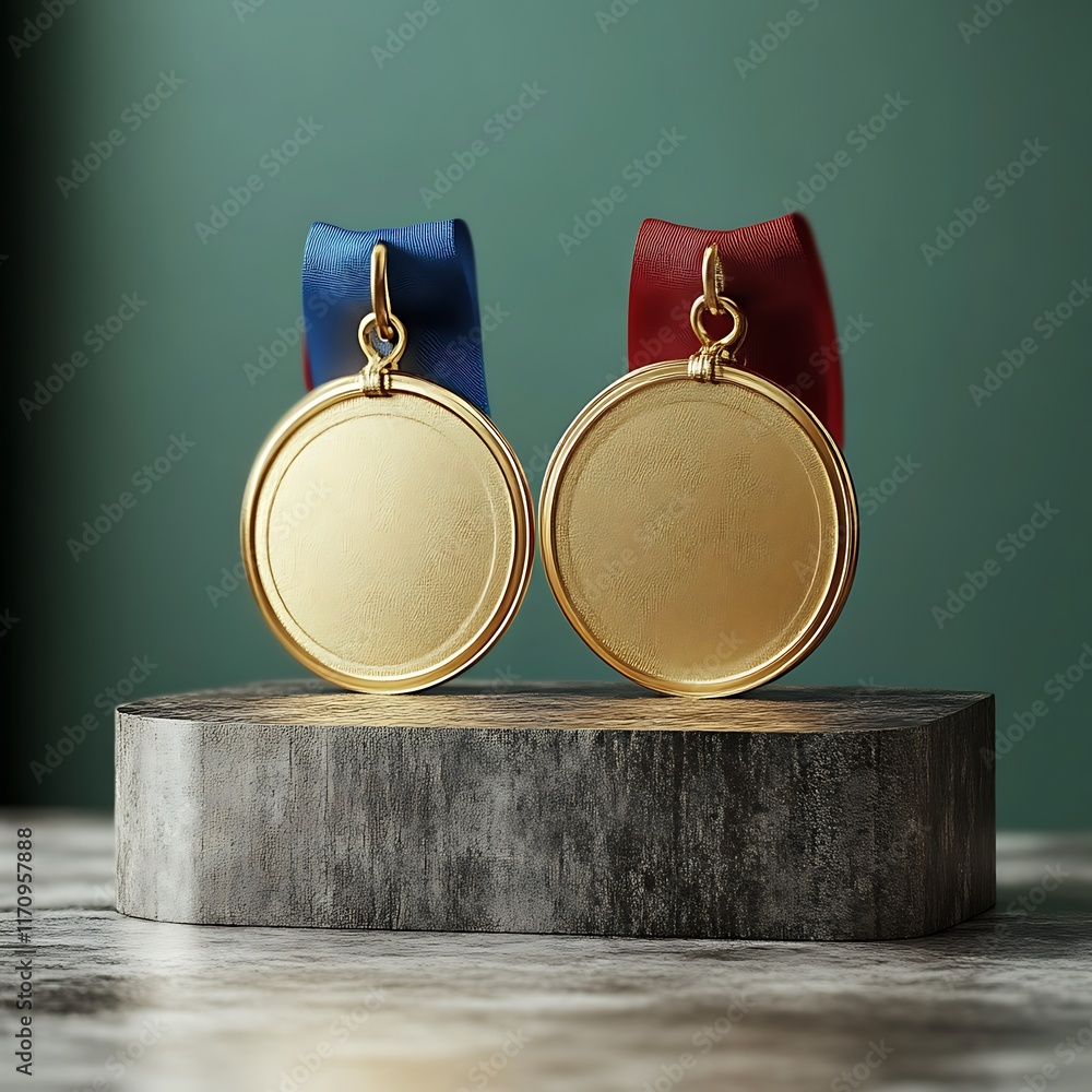 Two Gold Medals on a Wooden Stand Displayed
