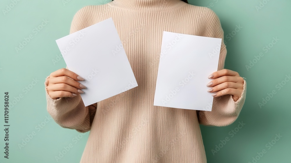 Obraz premium Woman in Sweater Holding Blank Papers Against Light Green Wall