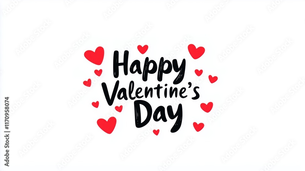 Minimalist Valentine’s Day illustration with text 'Happy Valentine’s Day' surrounded by hearts Minimalist Valentine’s Day illustration with text 'Happy Valentine’s Day' surrounded by hearts