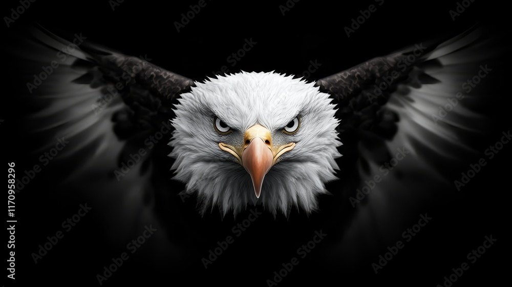 A bald eagle with its wings spread out in the dark A bald eagle with its wings spread out in the dark