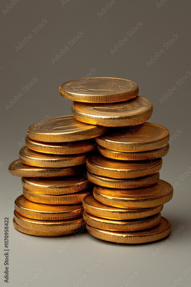 Two stacks of gold coins on gray background. Two stacks of gold coins on gray background.
