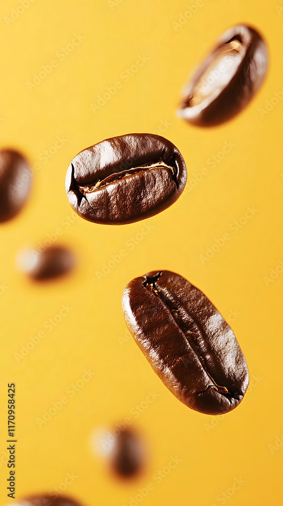 Roasted coffee beans falling against a yellow background. Roasted coffee beans falling against a yellow background.