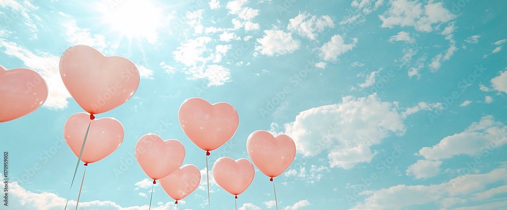 Pink heart-shaped balloons floating in a sunny sky. Pink heart-shaped balloons floating in a sunny sky.