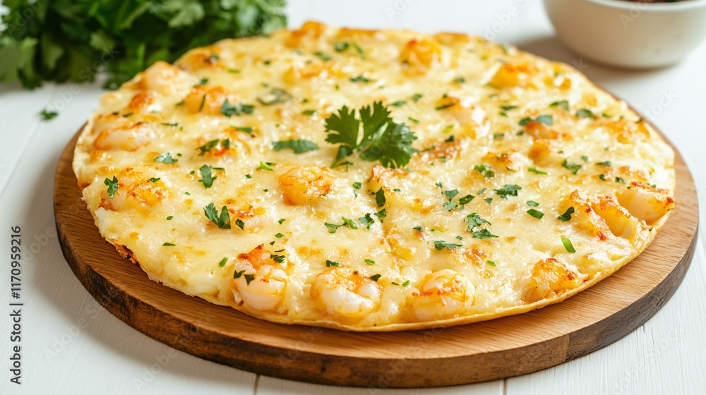 A whole shrimp quesadilla with melted cheese and crispy shrimp, isolated on a light wooden background with a sprig of cilantro A whole shrimp quesadilla with melted cheese and crispy shrimp, isolated on a light wooden background with a sprig of cilantro