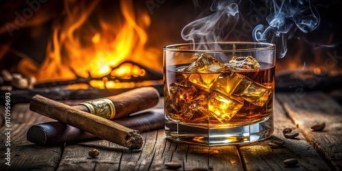 Luxury Whiskey and Cigar: Still Life Photography of a Glass of Whiskey on Ice with a Cuban Cigar