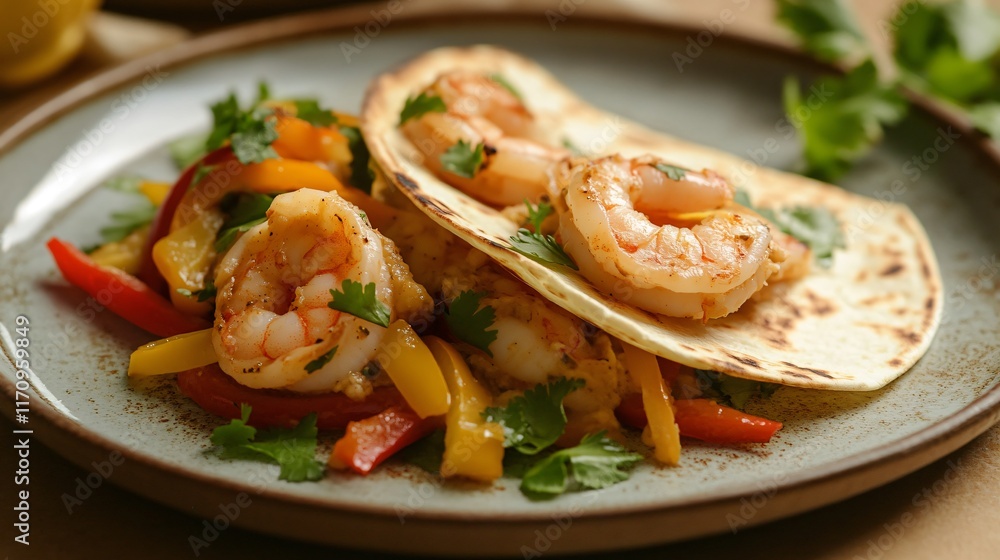 Shrimp quesadilla served with colorful bell peppers, isolated on a vintage ceramic plate with a soft brown background Shrimp quesadilla served with colorful bell peppers, isolated on a vintage ceramic plate with a soft brown background