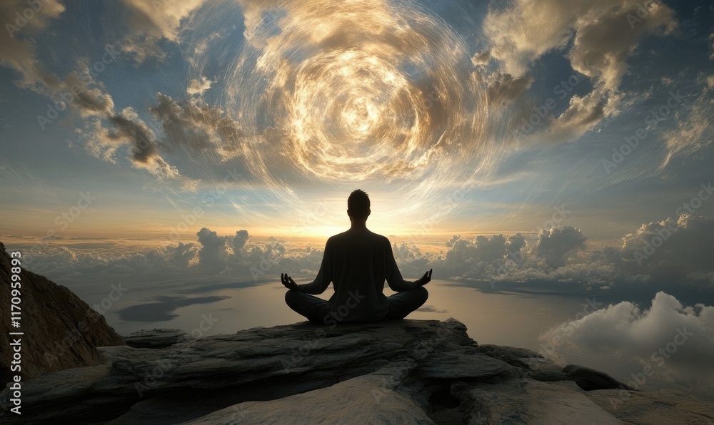 A person meditates on a rocky outcrop at dawn, surrounded by a breathtaking landscape of swirling clouds and a tranquil body of water below. The sky is vibrant, filled with shades of orange and gold A person meditates on a rocky outcrop at dawn, surrounded by a breathtaking landscape of swirling clouds and a tranquil body of water below. The sky is vibrant, filled with shades of orange and gold