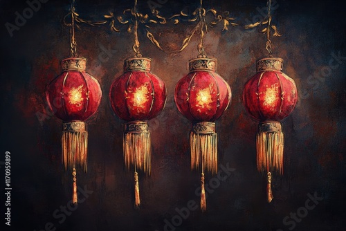 Groups of red lanterns, gold tassels, and lights glow against a dark background in an ancient Chinese theme. Referring to the Chinese New Year festival. photo