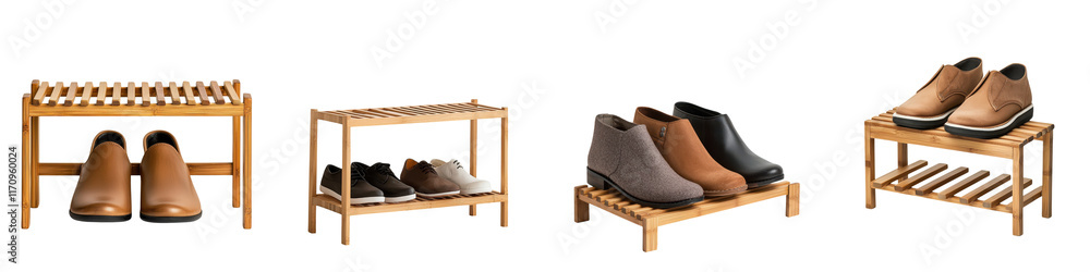 Variety of Stylish Casual Shoes in Different Colors and Designs Displayed on Wooden Storage Racks in a Modern Minimalist Home Interior Setting Variety of Stylish Casual Shoes in Different Colors and Designs Displayed on Wooden Storage Racks in a Modern Minimalist Home Interior Setting