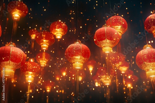 Groups of red lanterns, gold tassels, and lights glow against a dark background in an ancient Chinese theme. Referring to the Chinese New Year festival. photo