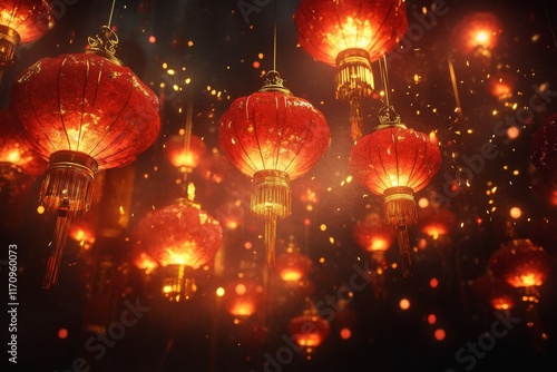 Groups of red lanterns, gold tassels, and lights glow against a dark background in an ancient Chinese theme. Referring to the Chinese New Year festival. photo