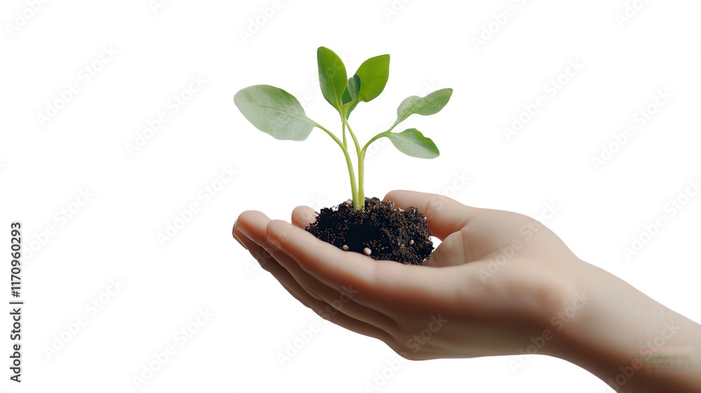 Human Hand Gently Cradling a Young Plant Sprout Isolated on a White Background Ideal for Environmental Themes and Educational Purposes. Human Hand Gently Cradling a Young Plant Sprout Isolated on a White Background Ideal for Environmental Themes and Educational Purposes.