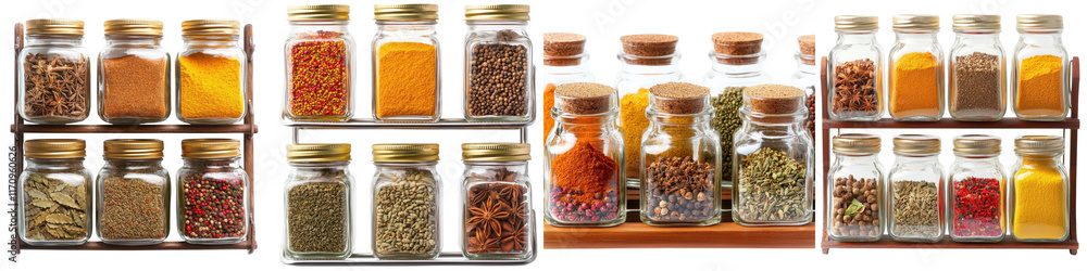 Assortment of Various Spice Jars and Bottles Neatly Arranged on Wooden Shelves in a Well Organized Kitchen Setting Collection of Culinary Ingredients Herbs Assortment of Various Spice Jars and Bottles Neatly Arranged on Wooden Shelves in a Well Organized Kitchen Setting Collection of Culinary Ingredients Herbs