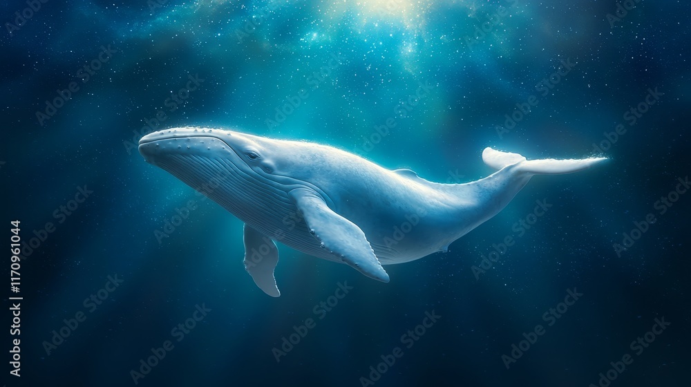 Fototapeta premium A blue whale swimming in the ocean under the stars