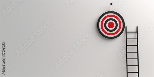 A target with an arrow, positioned above a ladder against a plain background.