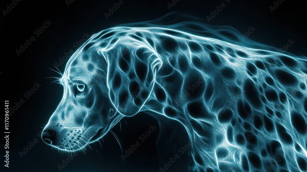 Abstract glowing Dalmatian dog profile, dark background. Abstract glowing Dalmatian dog profile, dark background.