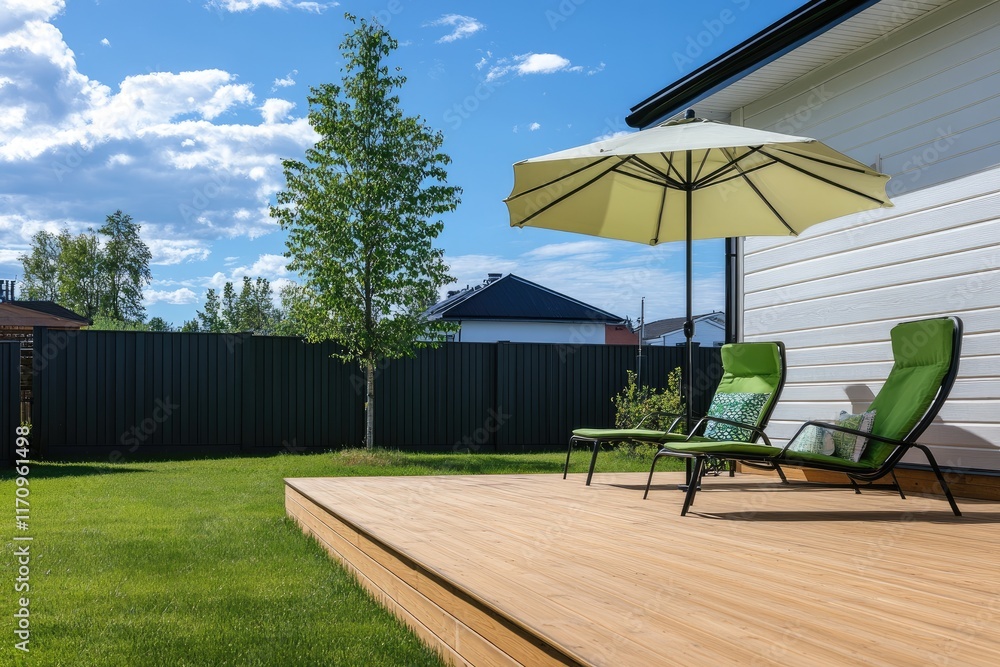 The wooden deck of the backyard features comfortable chairs and an umbrella, offering views over houses in the nearby neighborhood under a blue sky. The wooden deck of the backyard features comfortable chairs and an umbrella, offering views over houses in the nearby neighborhood under a blue sky.