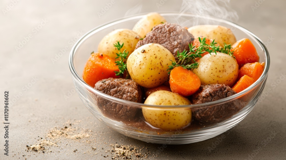 A bowl of stew with potatoes and carrots in it A bowl of stew with potatoes and carrots in it
