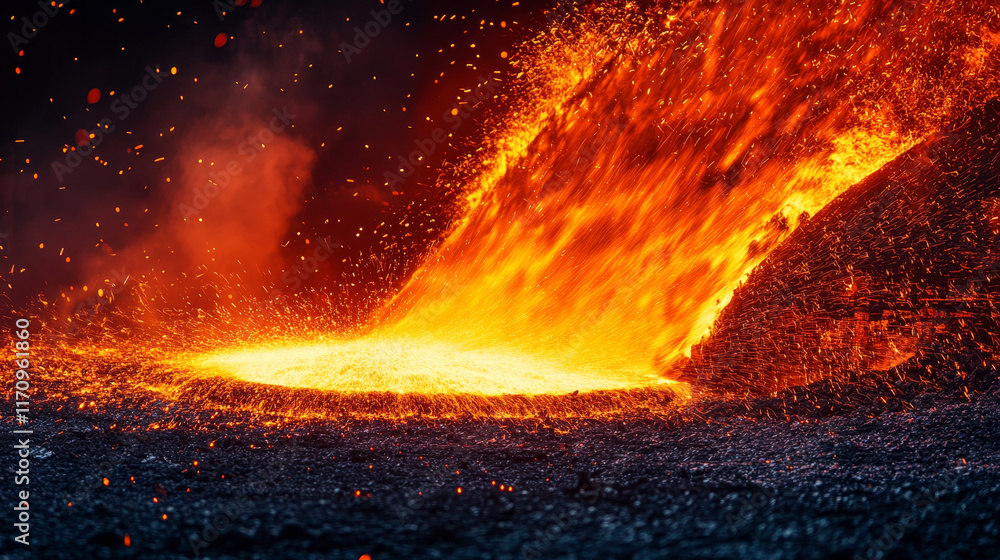 Fototapeta premium Intense molten metal flows from steel mill, creating fiery spectacle