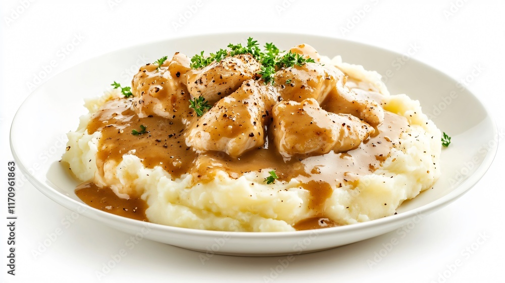 A classic serving of chicken and gravy with mashed potatoes, isolated on a clean white plate with a sprinkle of cracked pepper A classic serving of chicken and gravy with mashed potatoes, isolated on a clean white plate with a sprinkle of cracked pepper