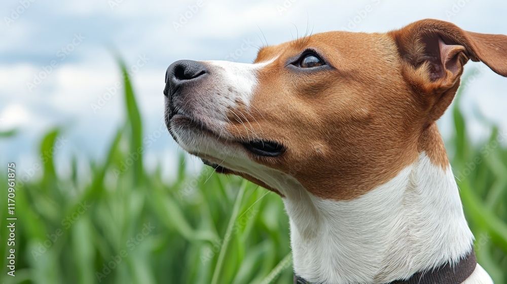 A brown and white dog standing in a field of tall grass A brown and white dog standing in a field of tall grass
