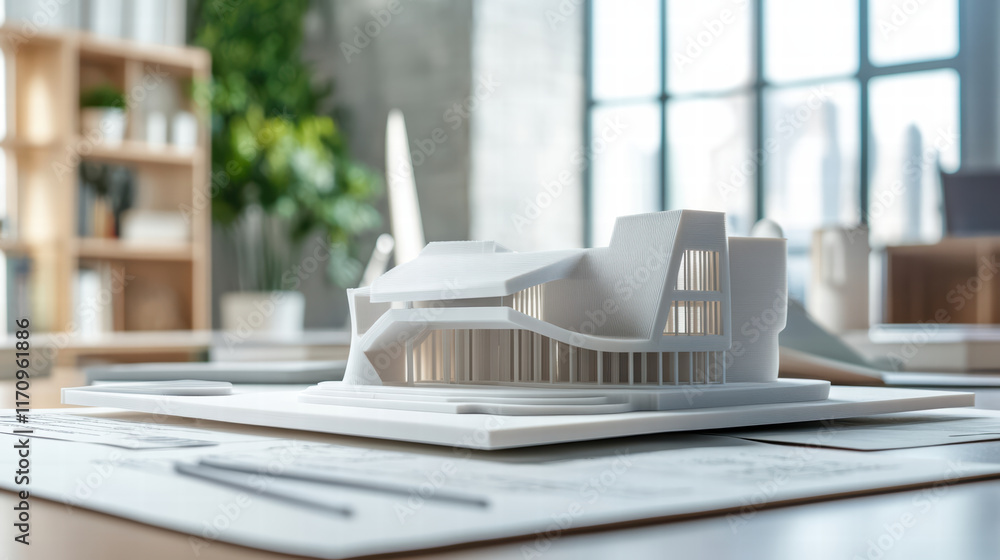 detailed 3D printed architectural model on desk, showcasing modern design elements and intricate features. workspace is bright and inspiring, perfect for creativity detailed 3D printed architectural model on desk, showcasing modern design elements and intricate features. workspace is bright and inspiring, perfect for creativity