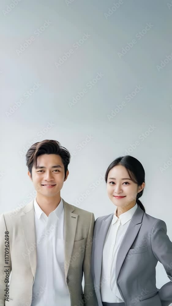 Young Asian business couple dressed in suits posing over white background office Young Asian business couple dressed in suits posing over white background office
