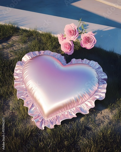 Heart-shaped satin pillow, pastel iridescent colors, ruffled edges, pink roses, outdoor setting, soft grass, blue sky, dreamy atmosphere, romantic mood, vintage aesthetic, soft lighting photo