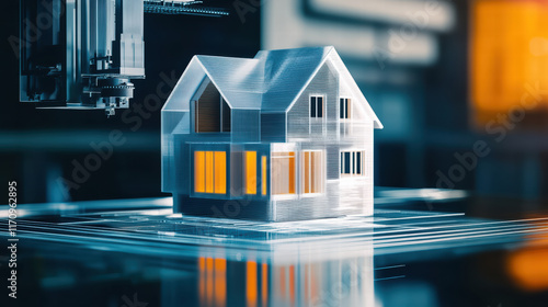 3D printer creating transparent model of house, showcasing innovative design and technology. intricate details highlight modern construction methods and energy efficiency
