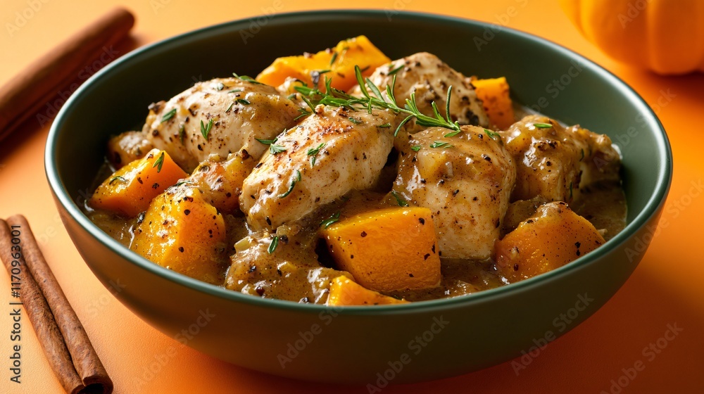 A hearty chicken and gravy dish served with seasonal squash, isolated on a warm orange surface with a cinnamon stick garnish A hearty chicken and gravy dish served with seasonal squash, isolated on a warm orange surface with a cinnamon stick garnish