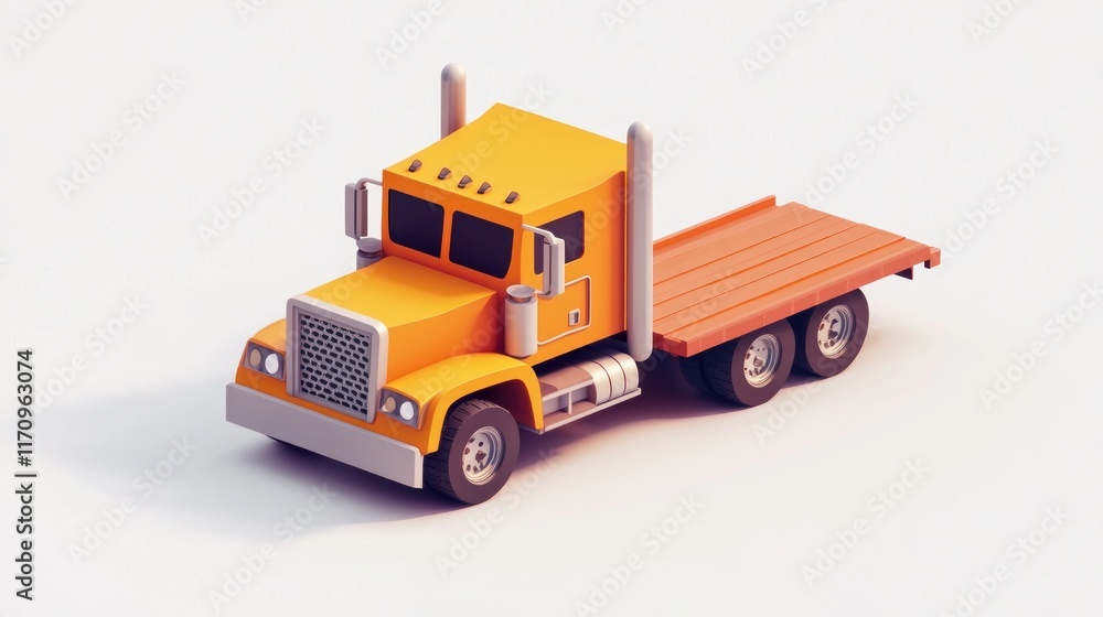 Low-poly model of an orange semi-truck with a flatbed trailer on a white background. Low-poly model of an orange semi-truck with a flatbed trailer on a white background.