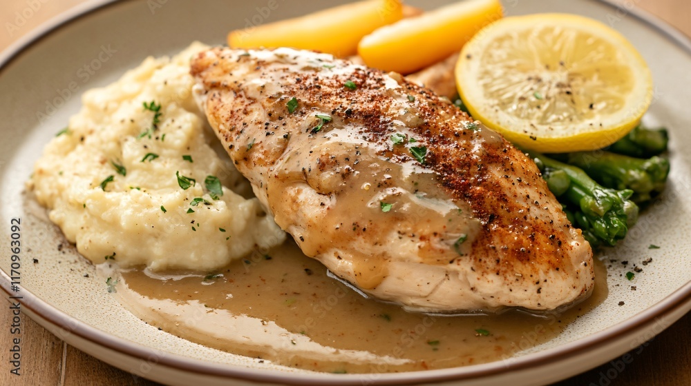 A hearty portion of chicken with gravy, isolated on a warm beige plate with a slice of lemon and a sprinkle of paprika A hearty portion of chicken with gravy, isolated on a warm beige plate with a slice of lemon and a sprinkle of paprika