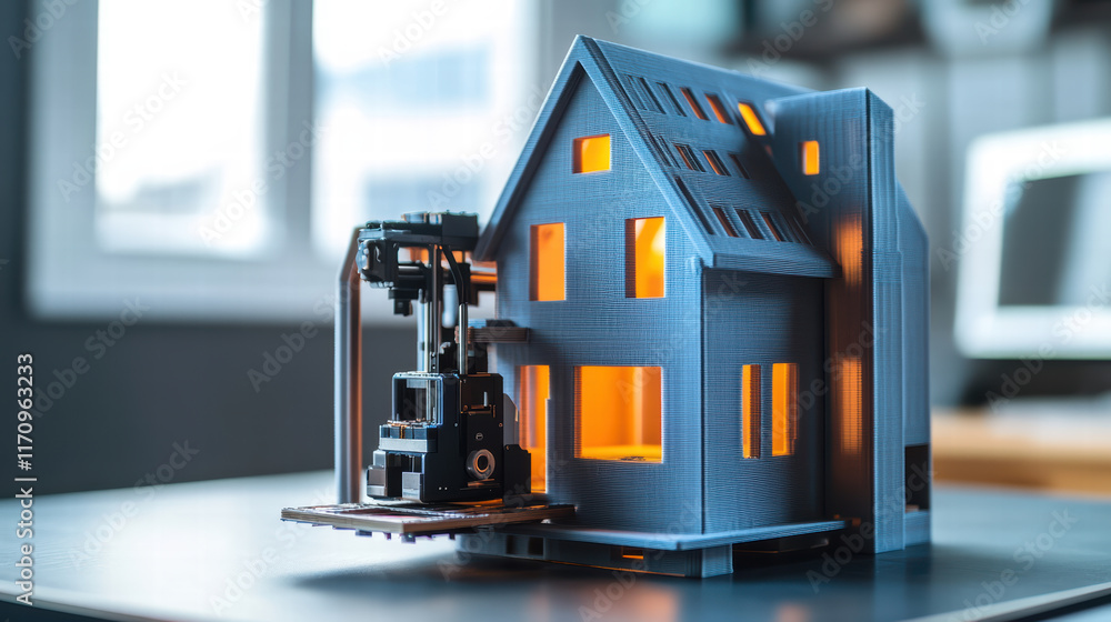 Fototapeta premium 3D printer building model house, showcasing speed and innovation in construction technology. illuminated windows highlight intricate design and modern approach to home building