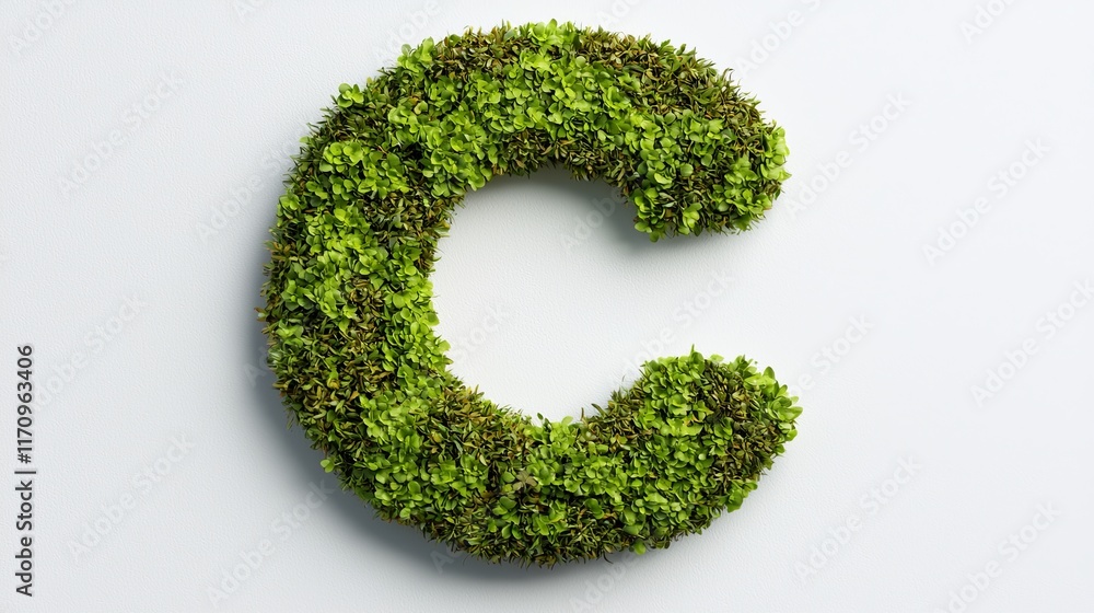 A letter C made of green leaves on a white surface A letter C made of green leaves on a white surface