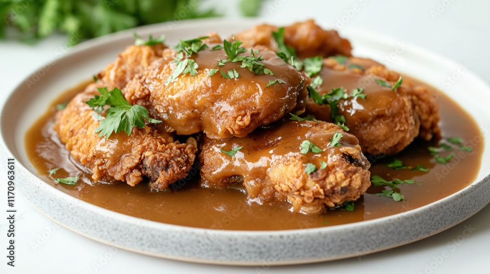 A plate of crispy chicken drenched in gravy, isolated on a bright white surface with a decorative swirl of gravy and fresh parsley A plate of crispy chicken drenched in gravy, isolated on a bright white surface with a decorative swirl of gravy and fresh parsley