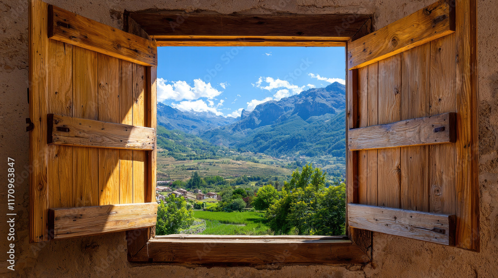 Obraz premium Interior open door, window landscape. Scenic mountain view through a rustic wooden window with open shutters.
